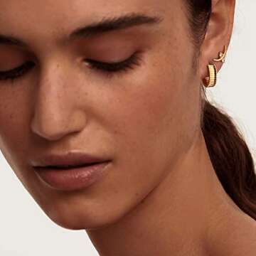 MYEARS Women Frill Earrings Gold Huggie Trough Band Hoop 14K Gold Plated Small Simple Hypoallergenic Everyday Jewelry