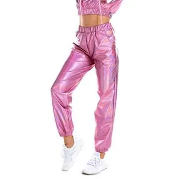 SIAEAMRG Womens Shiny Metallic High Waist Stretchy Jogger Pants, Wet Look Hip Hop Club Wear Holograp...