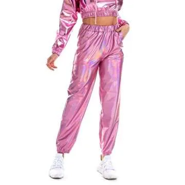 SIAEAMRG Womens Shiny Metallic High Waist Stretchy Jogger Pants, Wet Look Hip Hop Club Wear Holographic Trousers Sweatpant (Pink, L)