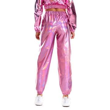 SIAEAMRG Womens Shiny Metallic High Waist Stretchy Jogger Pants, Wet Look Hip Hop Club Wear Holographic Trousers Sweatpant (Pink, L)