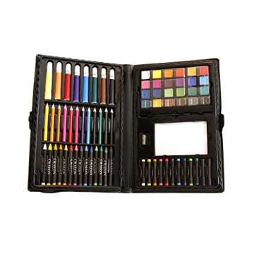 100 Piece Kids Art Set. 12 color pencils 14 crayons 8 markers 24 watercolor paints 12 oil pastels 26-page drawing pad 1 paint palette 1 plastic brush 1 pencil sharpener 1 plastic storage case