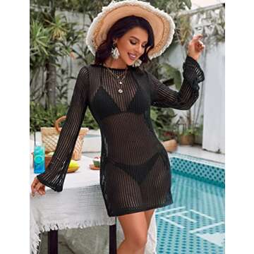Blooming Jelly Women's Swimsuit Coverup Crochet Bikini Cover Ups Hollow Out Net Longsleeve Swimwear ...