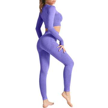 HYZ Women's Seamless 2 Piece Outfits Workout Long Sleeve Crop Top High Waist Yoga Legging Sets Purple