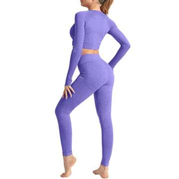 HYZ Women's Seamless 2 Piece Outfits Workout Long Sleeve Crop Top High Waist Yoga Legging Sets Purple