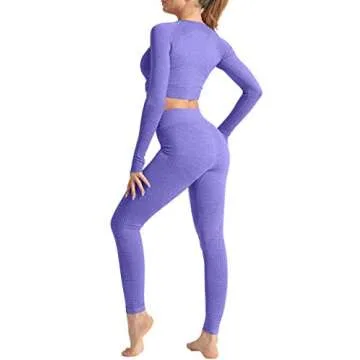 HYZ Women's Seamless 2 Piece Outfits Workout Long Sleeve Crop Top High Waist Yoga Legging Sets Purple