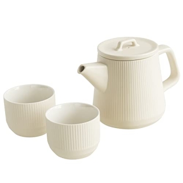Teapot Set with Removable Infuser, Kissui Vertical Stripes Ceramic Brewing Tea Set, Big Capacity, Matte Crème