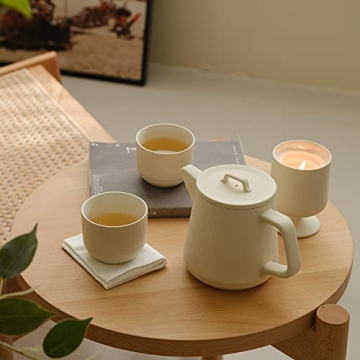 Teapot Set with Removable Infuser, Kissui Vertical Stripes Ceramic Brewing Tea Set, Big Capacity, Matte Crème