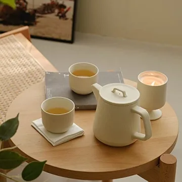 Teapot Set with Removable Infuser, Kissui Vertical Stripes Ceramic Brewing Tea Set, Big Capacity, Matte Crème