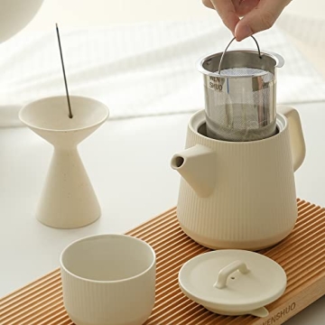 Teapot Set with Removable Infuser, Kissui Vertical Stripes Ceramic Brewing Tea Set, Big Capacity, Matte Crème