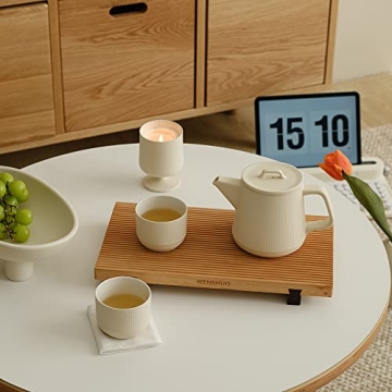 Teapot Set with Removable Infuser, Kissui Vertical Stripes Ceramic Brewing Tea Set, Big Capacity, Matte Crème