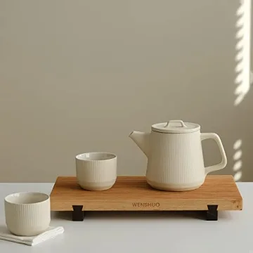 Teapot Set with Removable Infuser, Kissui Vertical Stripes Ceramic Brewing Tea Set, Big Capacity, Matte Crème