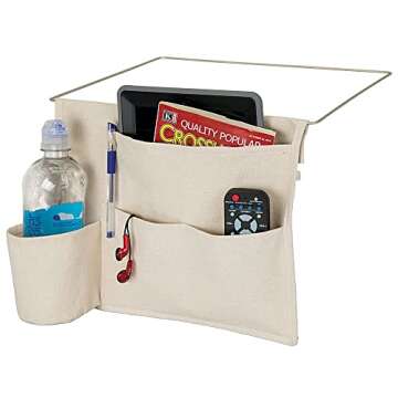 mDesign Bedside Storage Organizer Caddy Pocket - Slim Space Saving Design, 4 Pockets - Heavy Cotton Canvas - Holds Water Bottles, Books, Magazines - Cream/Wire Insert in Satin