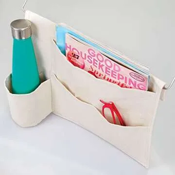 mDesign Bedside Storage Organizer Caddy Pocket - Slim Space Saving Design, 4 Pockets - Heavy Cotton Canvas - Holds Water Bottles, Books, Magazines - Cream/Wire Insert in Satin