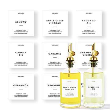 Molimoli Oil and Vinegar Dispenser with Metal Pour Spout, Glass Bottle Dispenser for Kitchen | Pantry Labels, Organization Labels Set with Oil Labels for Bottles, (White labels) 500ml Bottles Gold
