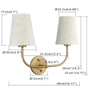 PERMO Vintage Double Sconce Antique 2-Lights with Flared Funnel Linen Beige Fabric Shade, Double Wall Sconce, Hardwired, E26 Base