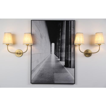 PERMO Vintage Double Sconce Antique 2-Lights with Flared Funnel Linen Beige Fabric Shade, Double Wall Sconce, Hardwired, E26 Base