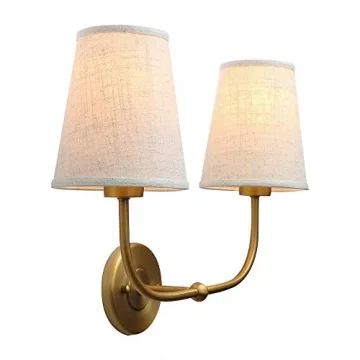PERMO Vintage Double Sconce Antique 2-Lights with Flared Funnel Linen Beige Fabric Shade, Double Wall Sconce, Hardwired, E26 Base