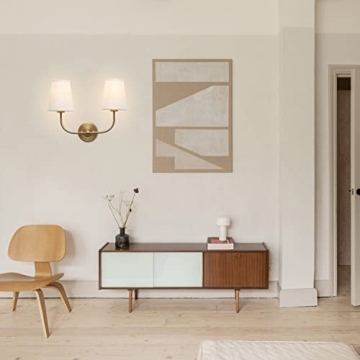 PERMO Vintage Double Sconce Antique 2-Lights with Flared Funnel Linen Beige Fabric Shade, Double Wall Sconce, Hardwired, E26 Base