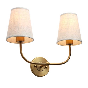 PERMO Vintage Double Sconce Antique 2-Lights with Flared Funnel Linen Beige Fabric Shade, Double Wall Sconce, Hardwired, E26 Base