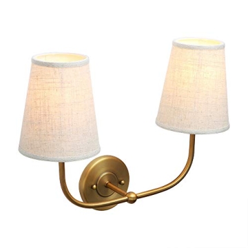 PERMO Vintage Double Sconce Antique 2-Lights with Flared Funnel Linen Beige Fabric Shade, Double Wall Sconce, Hardwired, E26 Base