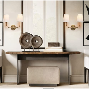 PERMO Vintage Double Sconce Antique 2-Lights with Flared Funnel Linen Beige Fabric Shade, Double Wall Sconce, Hardwired, E26 Base