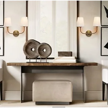 PERMO Vintage Double Sconce Antique 2-Lights with Flared Funnel Linen Beige Fabric Shade, Double Wall Sconce, Hardwired, E26 Base