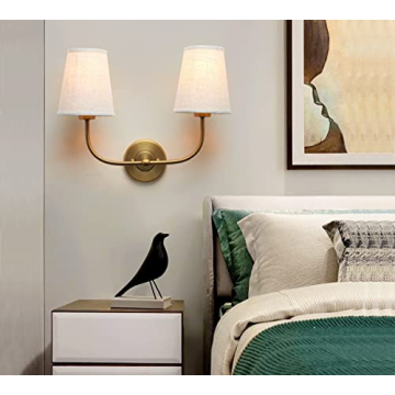 PERMO Vintage Double Sconce Antique 2-Lights with Flared Funnel Linen Beige Fabric Shade, Double Wall Sconce, Hardwired, E26 Base