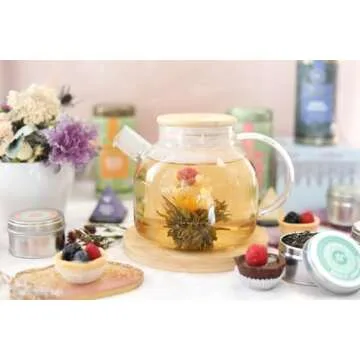 Teabloom Stovetop Safe Glass Teapot with Bamboo Lid (40oz/1200ml) + Loose Leaf Tea Filter Spout + 2 Blooming Teas + Large Bamboo Trivet - Natural Flowering Tea Gift Set