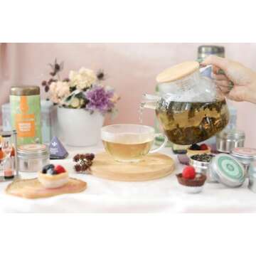 Teabloom Stovetop Safe Glass Teapot with Bamboo Lid (40oz/1200ml) + Loose Leaf Tea Filter Spout + 2 Blooming Teas + Large Bamboo Trivet - Natural Flowering Tea Gift Set