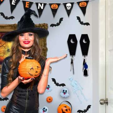 Ella & Emma Wall Mounted Coffin-Shaped Key Holder - Gothic Home Decor Wall Hanger with Hook - Gothic & Spooky Halloween Decor for Home - 2 Pieces (Coffin & Moon)