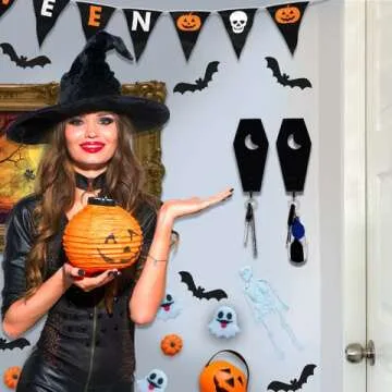 Ella & Emma Wall Mounted Coffin-Shaped Key Holder - Gothic Home Decor Wall Hanger with Hook - Gothic & Spooky Halloween Decor for Home - 2 Pieces (Coffin & Moon)