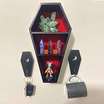 Ella & Emma Wall Mounted Coffin-Shaped Key Holder - Gothic Home Decor Wall Hanger with Hook - Gothic & Spooky Halloween Decor for Home - 2 Pieces (Coffin & Moon)