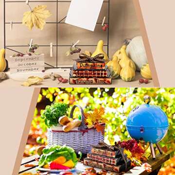 Ferraycle Fall Tiered Tray Decor 1 Set Mini Books Stack Decoration with Winter Snowflake Pumpkin Tag for Home Farmhouse Kitchen Sign Shelf Sitter Wood Tray Decoration Halloween Christmas (Pumpkin)