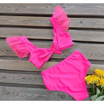 SPORLIKE Women High Waisted Swimsuit Organza Ruffle Bikini Twist Front Bathing Suit(Pink,Small)