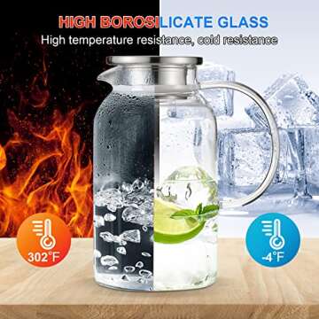 PARACITY Glass Pitcher with Lid, Hot& Cold Glass Water Pitcher with Handle, Iced Tea Pitcher Carafe ...