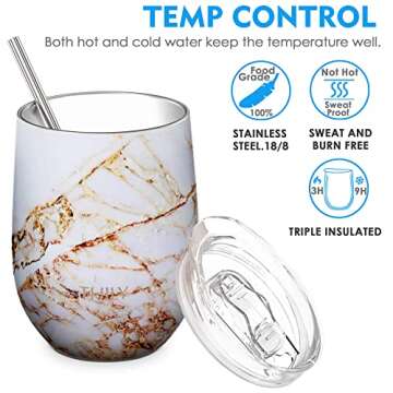 THILY Stainless Steel Insulated Wine Tumblers 12 oz Cute Travel Stemless Glasses with Sliding Lids a...