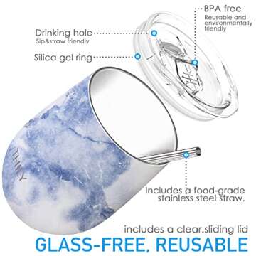 THILY Stainless Steel Insulated Wine Tumblers 12 oz Cute Travel Stemless Glasses with Sliding Lids and Metal Straws, Keep Hot or Cold for Wine, Coffee, Juice, 2 Pack(Gold Marble + Blue Marble)