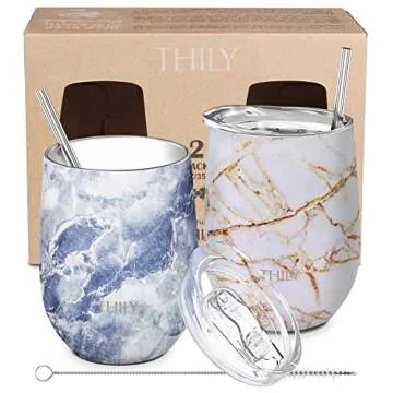 THILY Stainless Steel Insulated Wine Tumblers 12 oz Cute Travel Stemless Glasses with Sliding Lids and Metal Straws, Keep Hot or Cold for Wine, Coffee, Juice, 2 Pack(Gold Marble + Blue Marble)