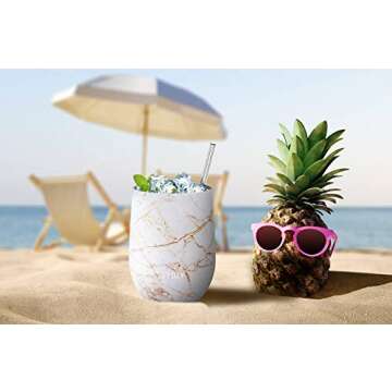 THILY Stainless Steel Insulated Wine Tumblers 12 oz Cute Travel Stemless Glasses with Sliding Lids and Metal Straws, Keep Hot or Cold for Wine, Coffee, Juice, 2 Pack(Gold Marble + Blue Marble)