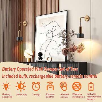 Battery Operated Wall Sconces Set of Two,Suitable for Bedroom and Living Room Background Walls,Included 6 Rechargeable Batteries and Light Bulbs,Wiring Free Installation,Convenient and Simple to Use.