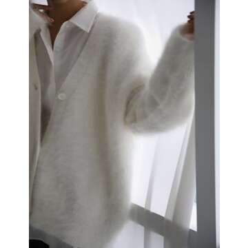 Yimoon Womens Fuzzy Cardigan Sweater V Neck Long Sleeve Button Down Slouchy Furry Knit Sweaters 2024(White-M)