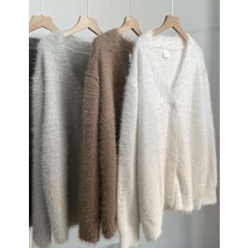 Yimoon Womens Fuzzy Cardigan Sweater V Neck Long Sleeve Button Down Slouchy Furry Knit Sweaters 2024(White-M)