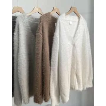 Yimoon Womens Fuzzy Cardigan Sweater V Neck Long Sleeve Button Down Slouchy Furry Knit Sweaters 2024(White-M)