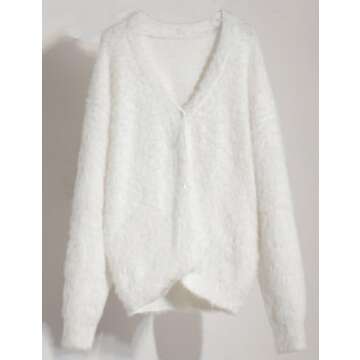 Yimoon Womens Fuzzy Cardigan Sweater V Neck Long Sleeve Button Down Slouchy Furry Knit Sweaters 2024(White-M)