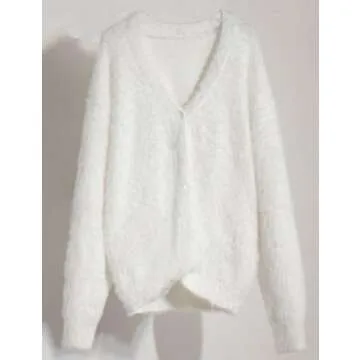 Yimoon Womens Fuzzy Cardigan Sweater V Neck Long Sleeve Button Down Slouchy Furry Knit Sweaters 2024(White-M)