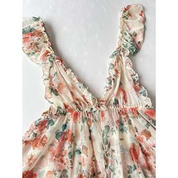 Verdusa Women's 2 Piece Floral Print Mesh Ruffled Peplum Cami Top and Shorts Pajama Sets Beige and Red L