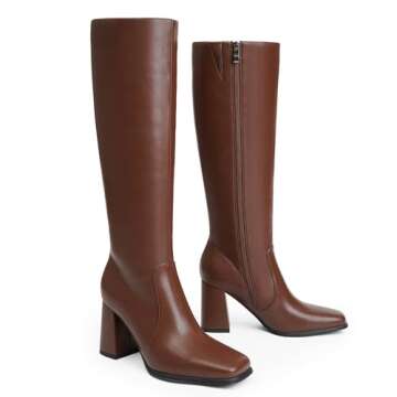Modatope Women's Knee High Brown Chunky Heel Boots