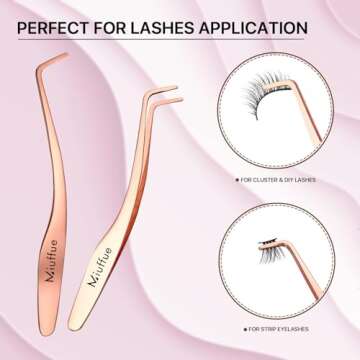 Miuffue False Eyelash Applicator DIY Lash Applicator Tool Stainless Steel Curved Eyelash Tweezers for Strip Lashes, Rose Gold