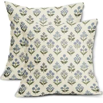 Sivirary Blue Green Block Print Pillow Covers 20x20 Inch Set of 2, Vintage Floral Spring Decorative ...