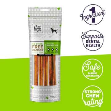 I and love and you No Stink Free Ranger Bully Stix - Beef - Rawhide Alternative, Single Ingredient, Free Range Grass Fed Beef, 6in, 5ct